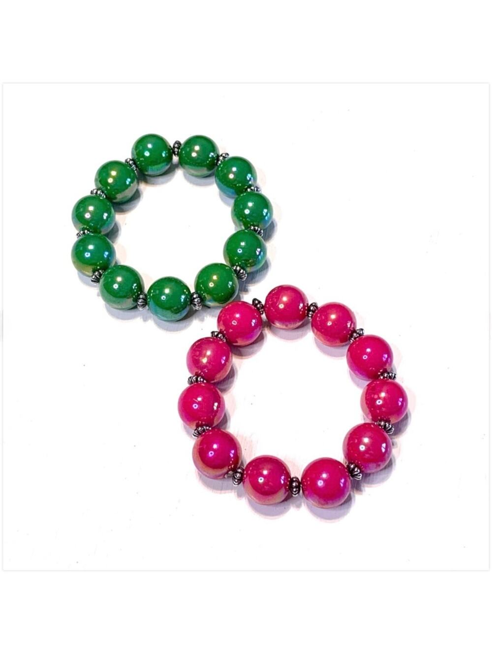Vintage 90s Joan Rivers Pink Green Bead Bracelets Set Preppy Palm Beach Stretch